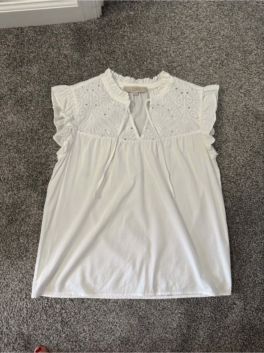 LOFT White Eyelet Ruffle Sleeve V-Neck Blouse